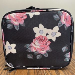 Kootek Travel Makeup Case Adjustable Dividers Floral On Black Fabric 9x10x5”